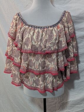 Tiered Ruffle Off-Shoulder Blouse in Cream with Pink Trim